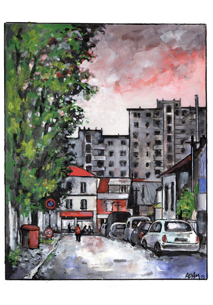 Dessin d'un paysage urbain de banlieu avec des voitures garées devant des maisons et des bâtiments d'une dizaine d'étages