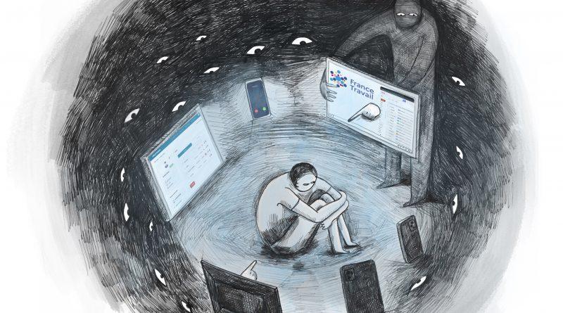 Dessin : Une personne triste assise les bras croisés un peu recroquevillée entourée d'écrans affichant la page France Travail et d'yeux inquisiteurs. Une personne est debout et transperce un écran en pointant son doigt sur elle.