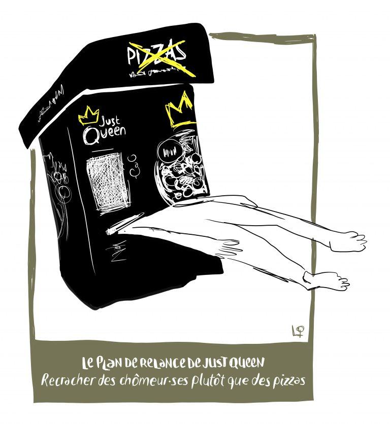 Dessin d'un distributeur de Pizza just queen recrachant un être humain
