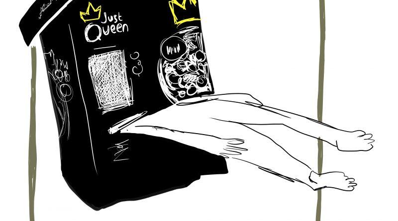 Dessin d'un distributeur de Pizza just queen recrachant un être humain