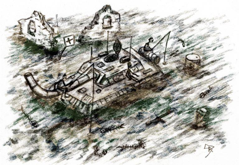 Dessin crayonné d'un tank abîmé dans un paysage dévasté, avec des personnages qui pêchent à la ligne depuis le tank