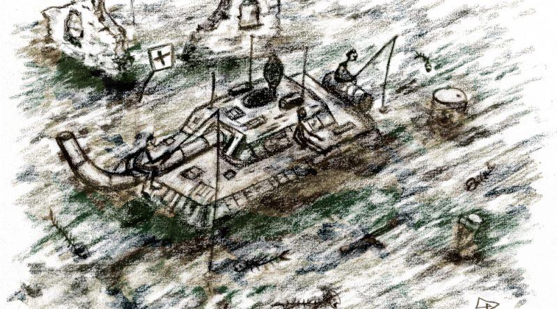 Dessin crayonné d'un tank abîmé dans un paysage dévasté, avec des personnages qui pêchent à la ligne depuis le tank