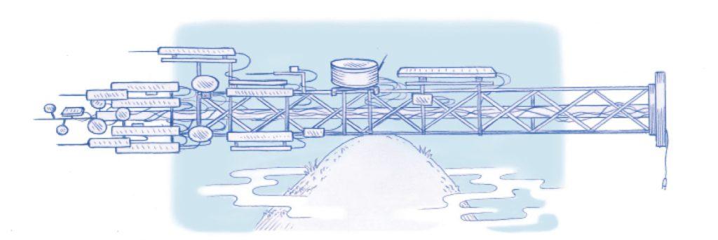 dessin d'un pylône allongé à l'horizontal portant de nombreuses antennes, à l'équilibre sur une montagne