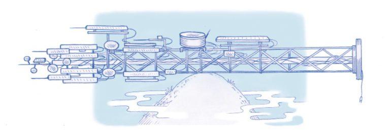 dessin d'un pylône allongé à l'horizontal portant de nombreuses antennes, à l'équilibre sur une montagne