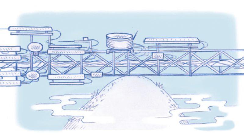 dessin d'un pylône allongé à l'horizontal portant de nombreuses antennes, à l'équilibre sur une montagne