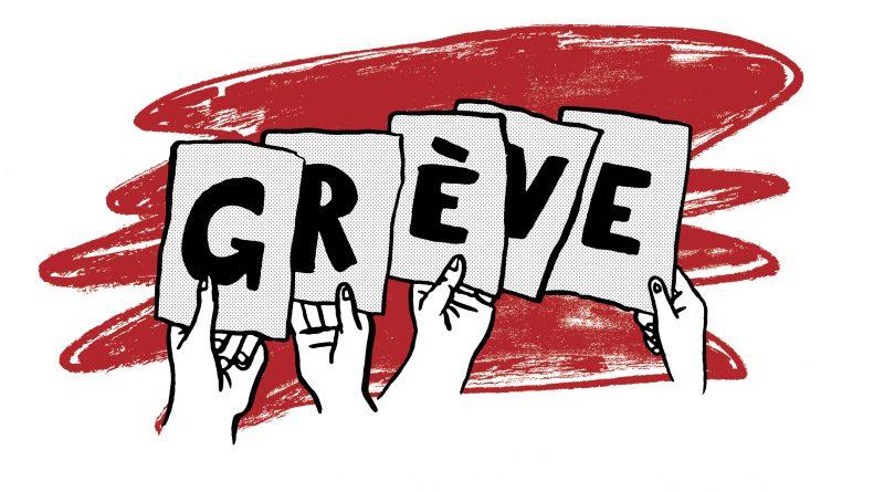 dessin. Plusieurs mains brandissent les lettres du mot grève