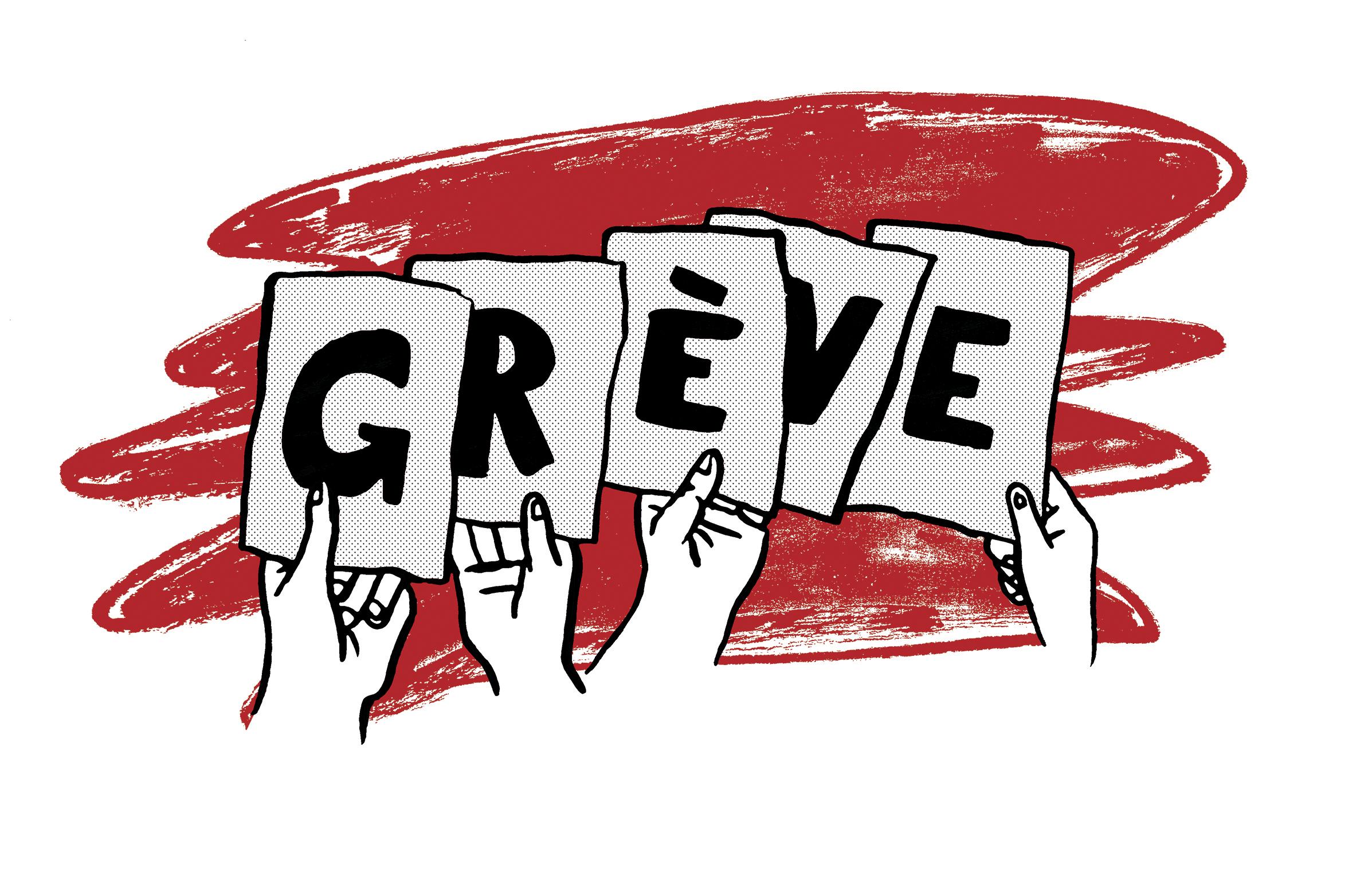 dessin. Plusieurs mains brandissent les lettres du mot grève