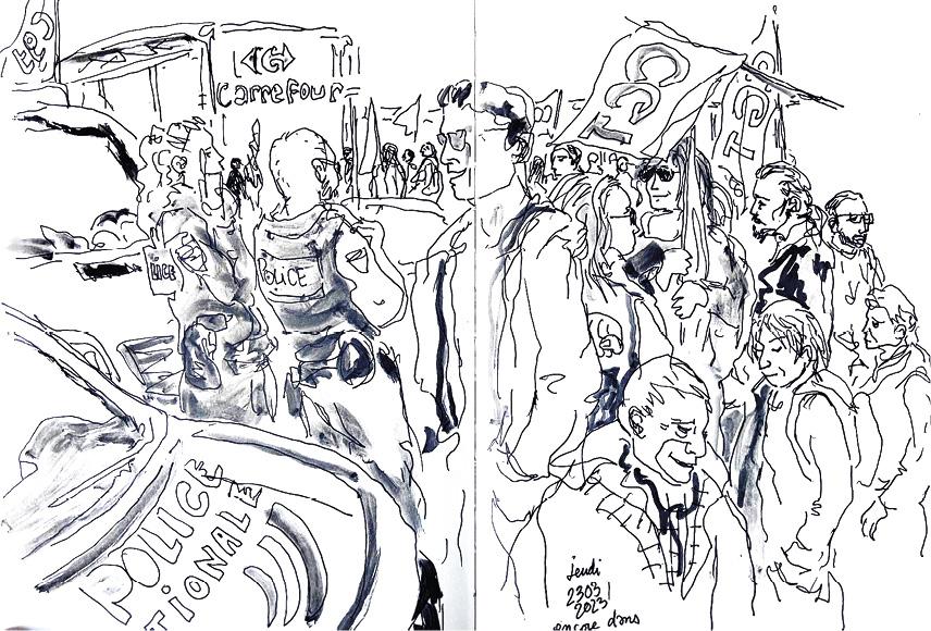 Dessin de manif. Foule, gens souriants tranquilles devant une voiture de police