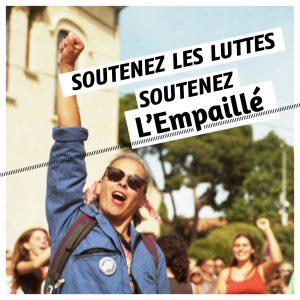 Soutenez les luttes, soutenez L'Empaillé. Femme en bleu de travail levant le poing