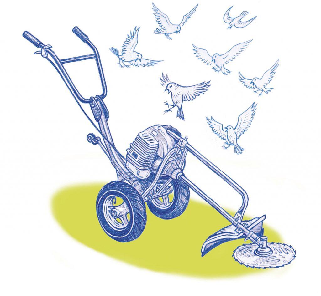 dessin abstrait d'un engin entre la débroussailleuse et le charriot, avec des oiseaux qui virevoltent autour