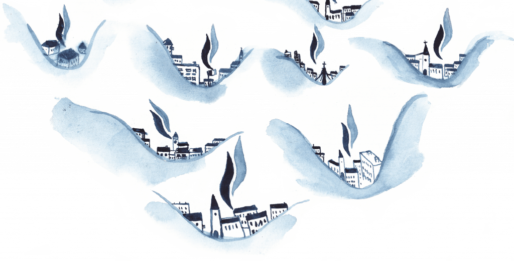 dessin de villages avec des flammes en forme de logo du FN