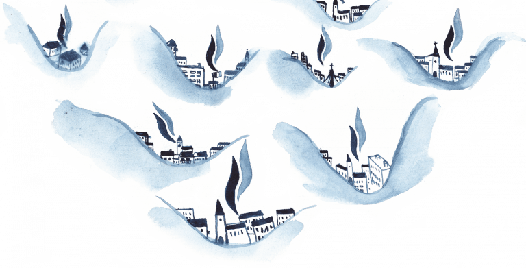 dessin de villages avec des flammes en forme de logo du FN