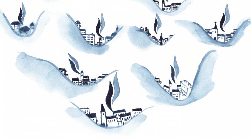 dessin de villages avec des flammes en forme de logo du FN