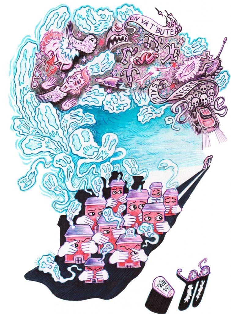 dessin d'un village coupé en deux avec d'un côté des maisons qui se cachent les yeux et de l'autre une bagarre et des insultes