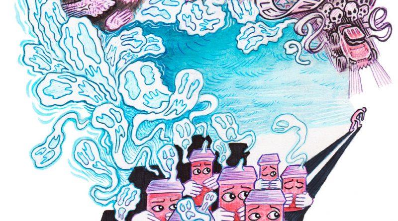 dessin d'un village coupé en deux avec d'un côté des maisons qui se cachent les yeux et de l'autre une bagarre et des insultes