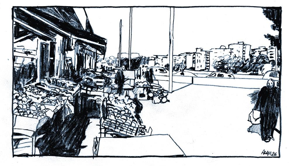 Dessin d'un paysage urbain : devanture de magasin d'alimentation au premier plan, routes, voitures et immeubles au fond.