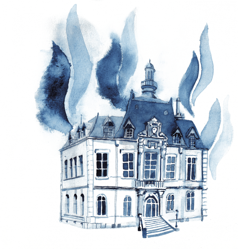 aquarelle bleue d'une mairie typique XIXe siècle avec des flammes du FN autour