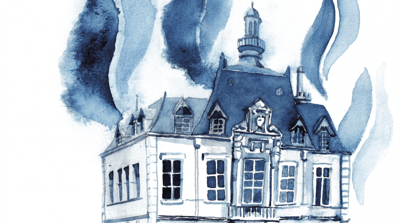 aquarelle bleue d'une mairie typique XIXe siècle avec des flammes du FN autour