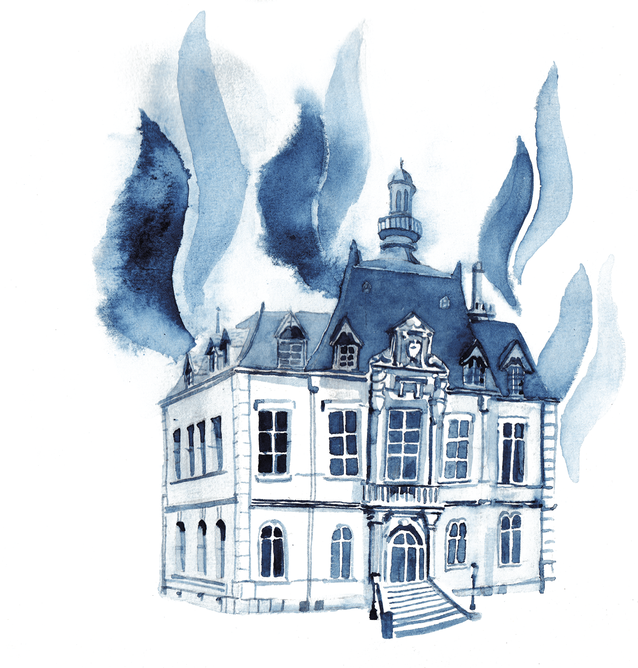 aquarelle bleue d'une mairie typique XIXe siècle avec des flammes du FN autour