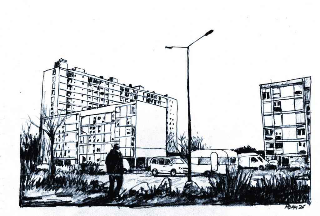 dessin d'un quartier avec des tours, des voitures sur un parking et une personne qui marche de dos