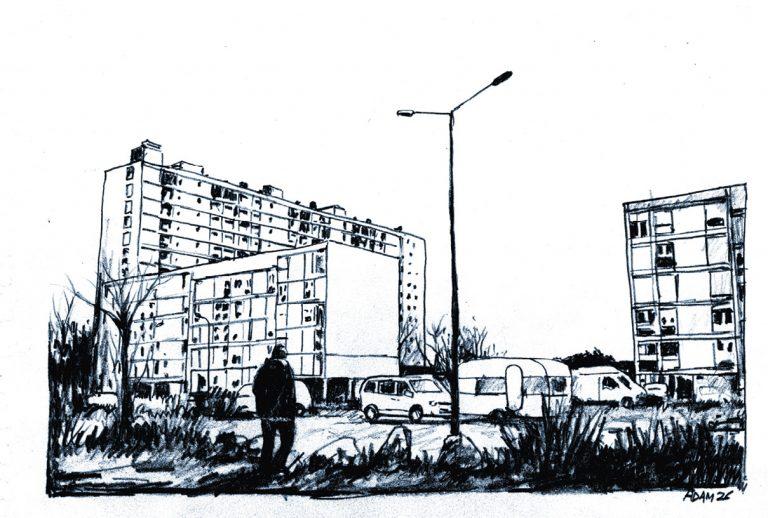 dessin d'un quartier avec des tours, des voitures sur un parking et une personne qui marche de dos