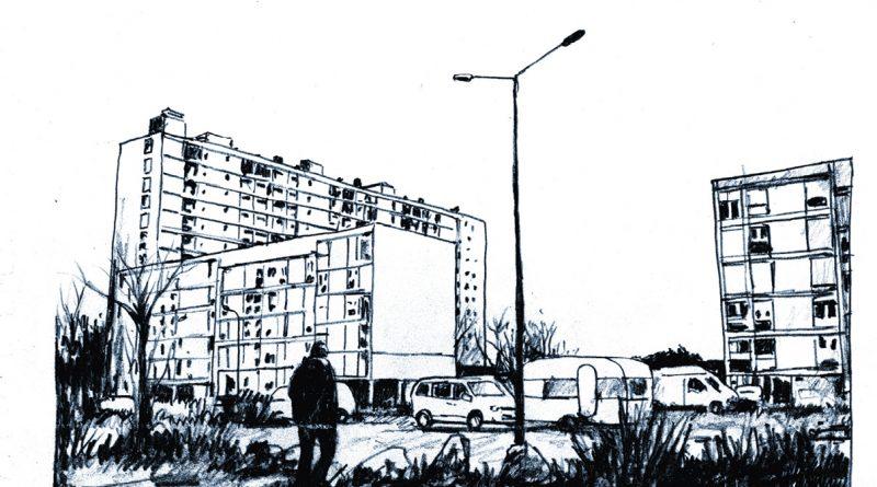 dessin d'un quartier avec des tours, des voitures sur un parking et une personne qui marche de dos