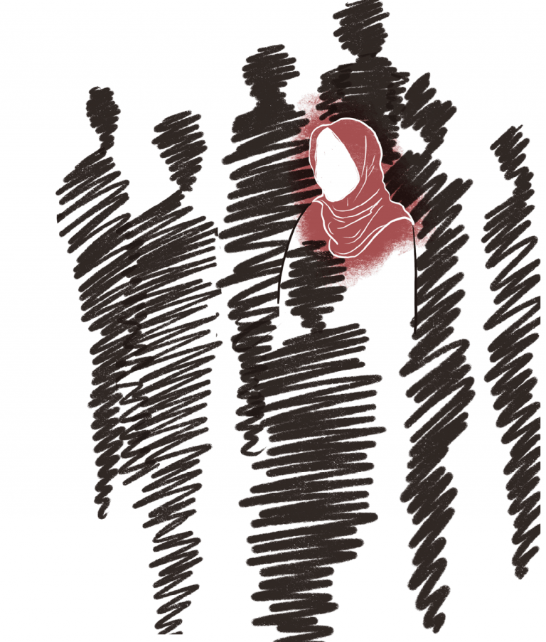 desssin d'une personne voilée, sans visage, au milieu d'ombres noires