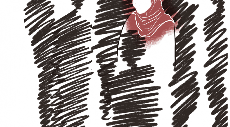 desssin d'une personne voilée, sans visage, au milieu d'ombres noires