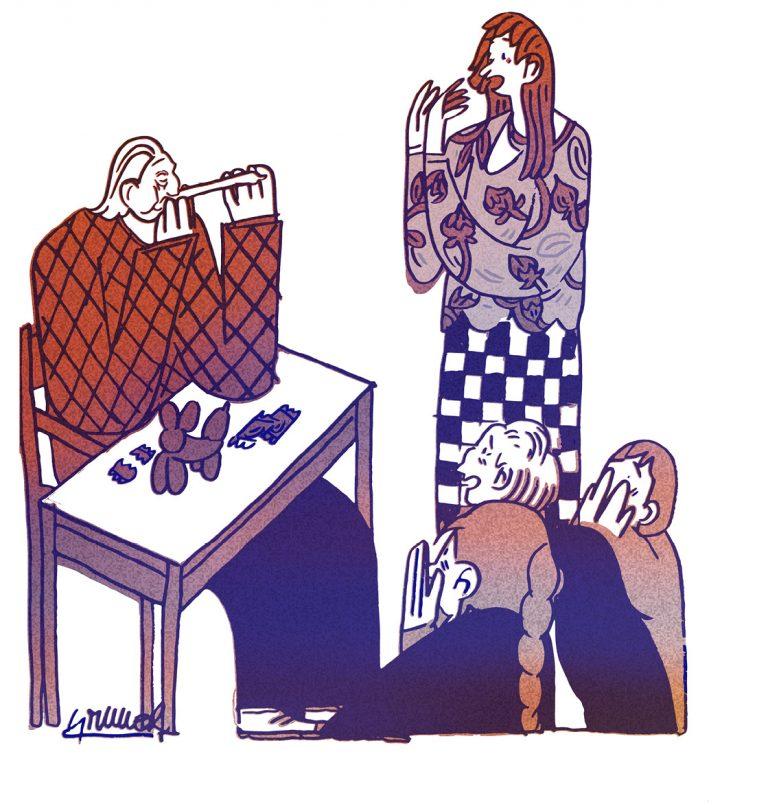 dessin d'un·e prof qui fait des œuvres avec des préservatifs devant sa classe