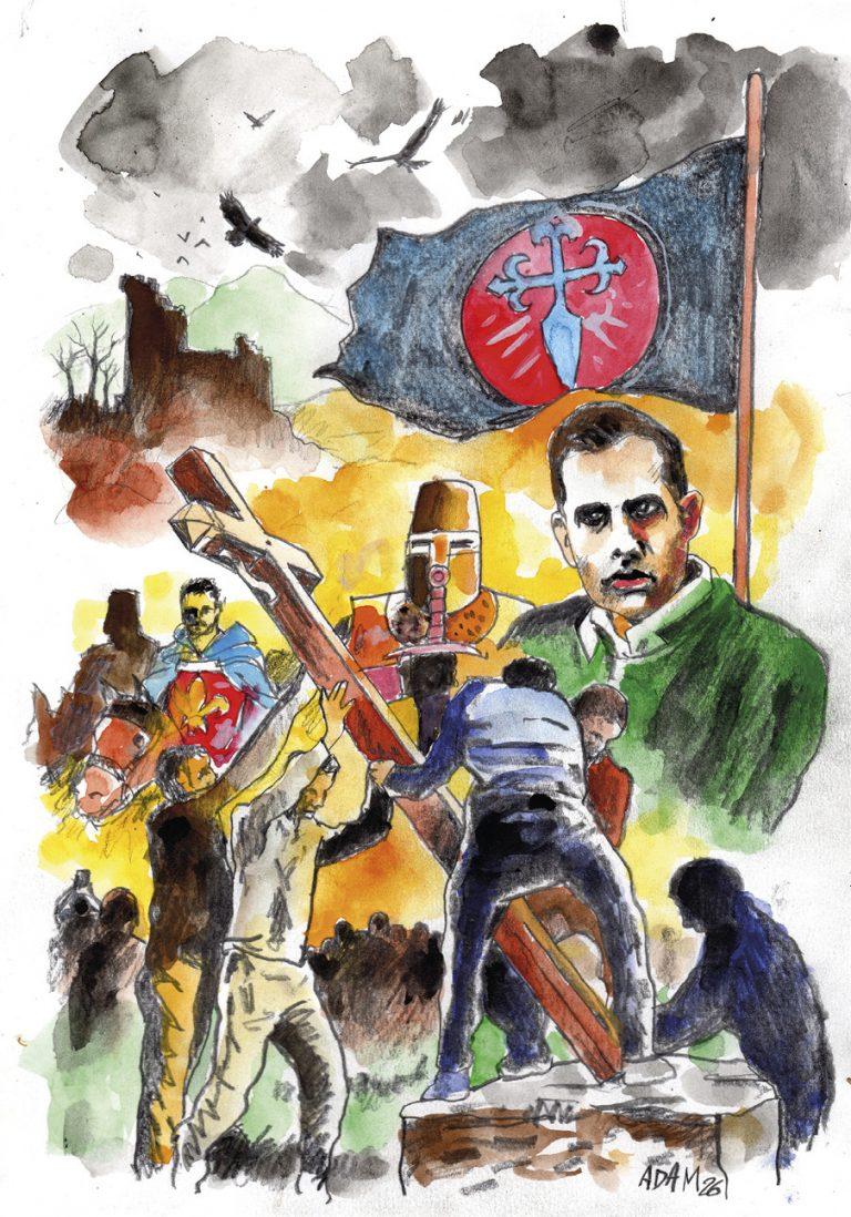 aquarelle de personnes qui portent une croix, d'un chevalier, d'un drapeau.