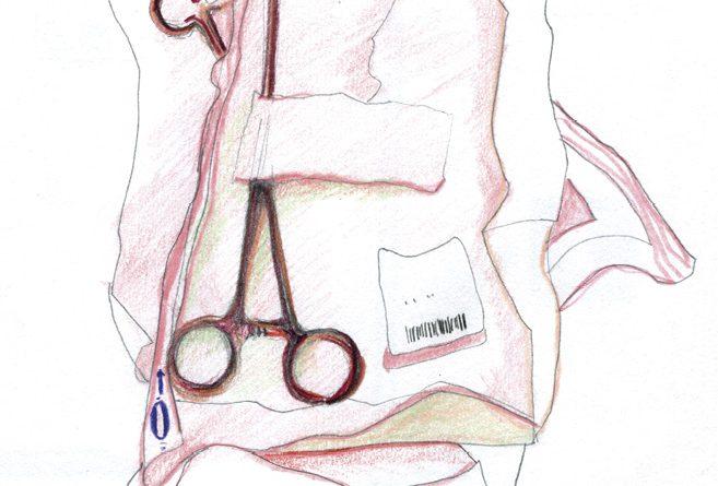 dessin de matériel médical, dont des ciseaux longs, dans un tissu