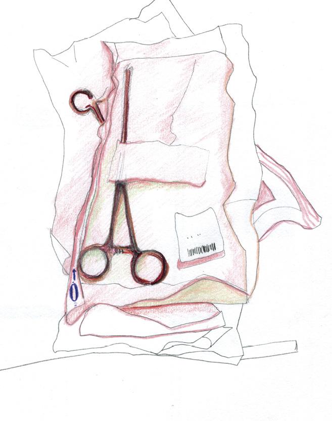 dessin de matériel médical, dont des ciseaux longs, dans un tissu
