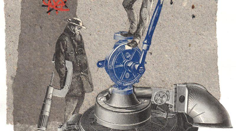 collage. 1 homme au-dessus d'une machine, 1 homme portant une arme
