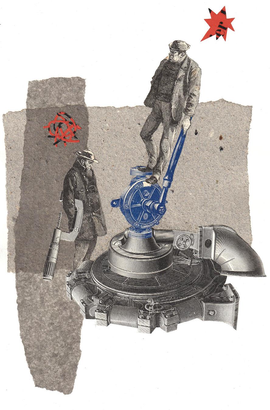 collage. 1 homme au-dessus d'une machine, 1 homme portant une arme