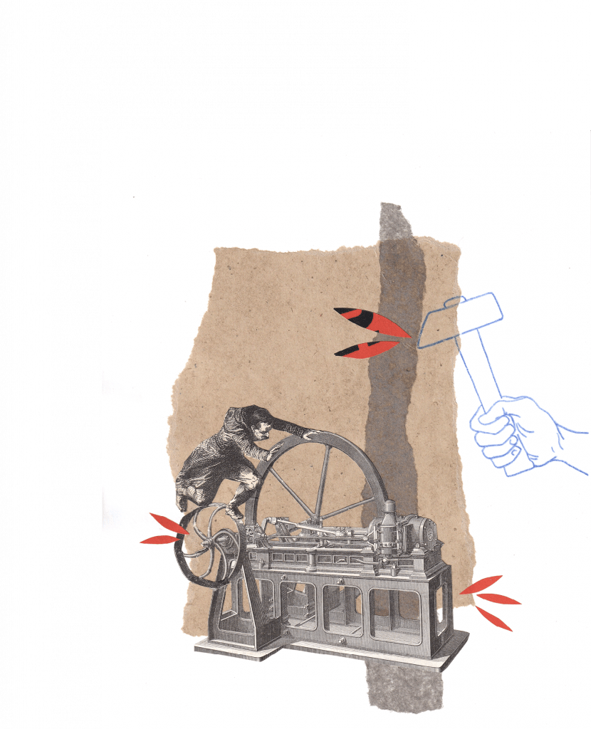Collage et dessin. Une main armée d'un marteau vient taper sur un engrenage