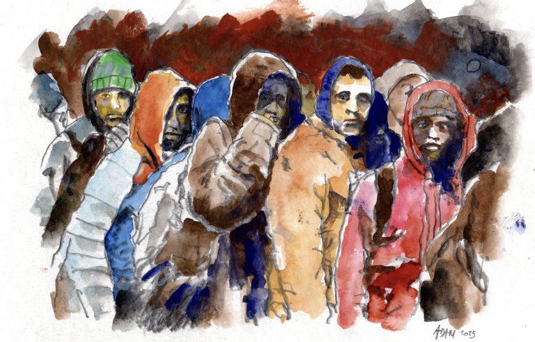 dessin de jeunes hommes habillés en doudounes et capuches qui ont l'air craintifs