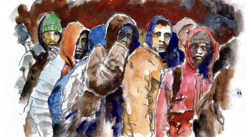 dessin de jeunes hommes habillés en doudounes et capuches qui ont l'air craintifs