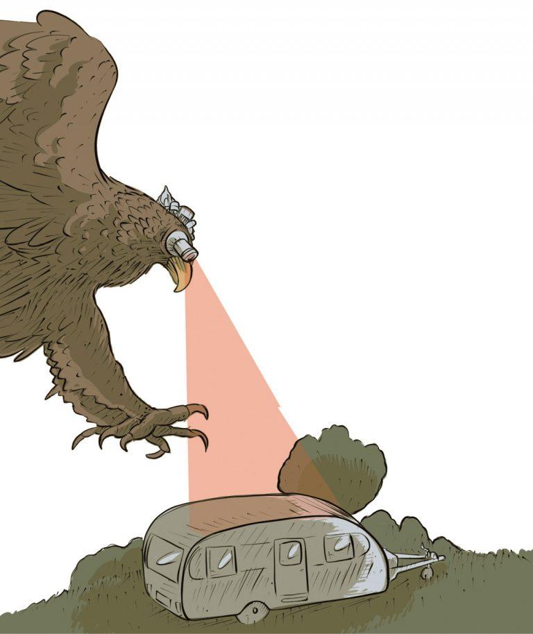 dessin d'un aigle menaçant dont les yeux pointent une caravane