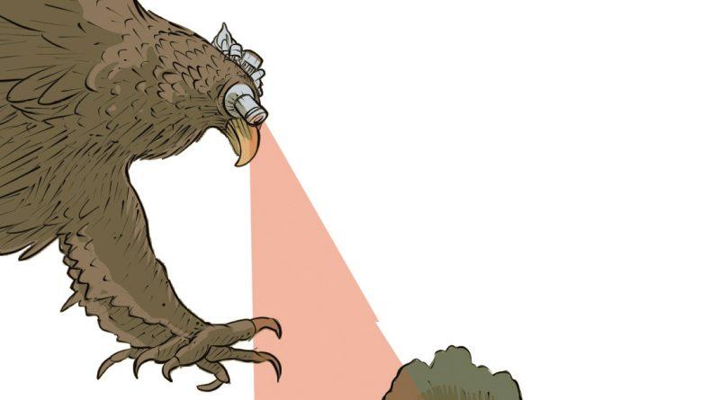 dessin d'un aigle menaçant dont les yeux pointent une caravane