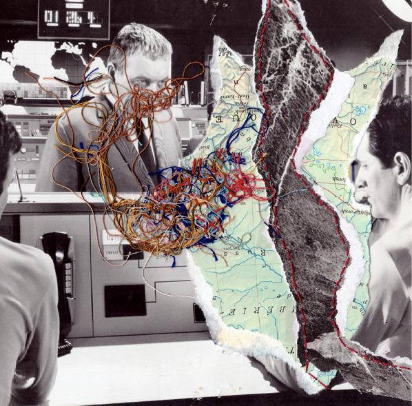 collage. Photo noir et blanc d'un homme dans un environnement de machines, cables en couleurs.