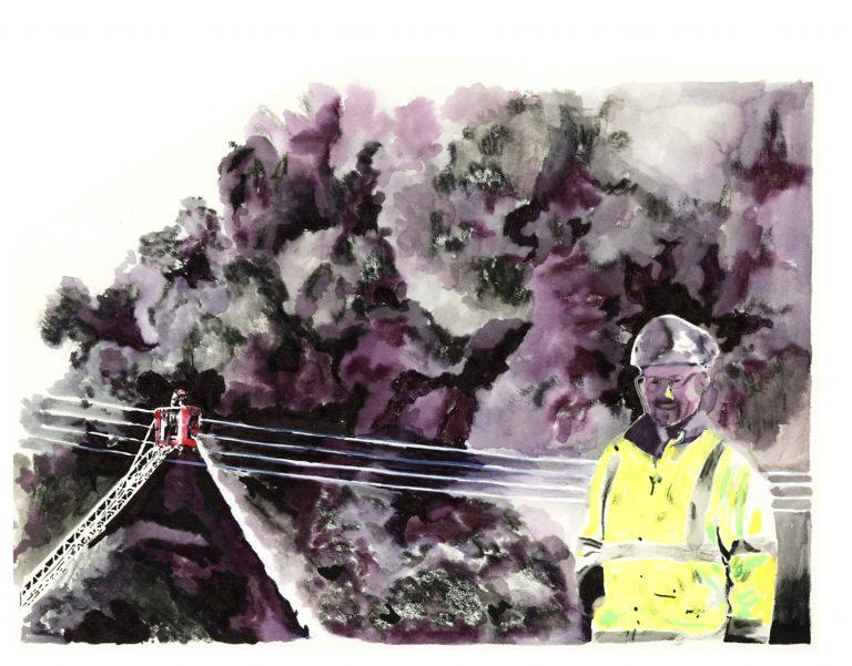 Aquarelle. Homme en veste jaune fluo avec un casque de chantier, souriant, dans un nuage de fumée
