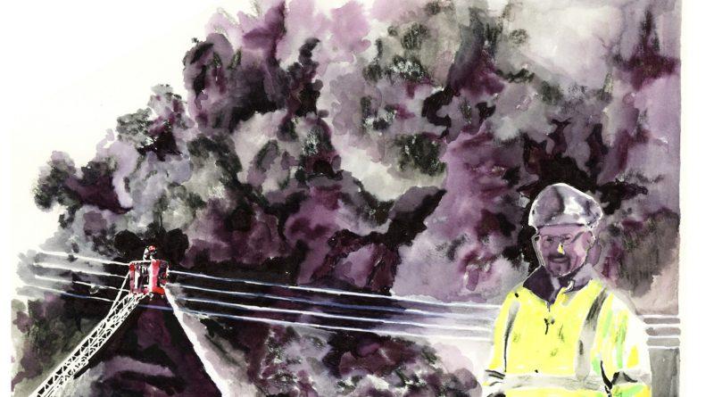 Aquarelle. Homme en veste jaune fluo avec un casque de chantier, souriant, dans un nuage de fumée