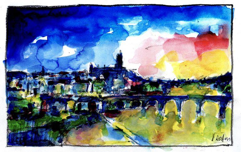 Aquarelle. Village de Graulhet sous un ciel sombre