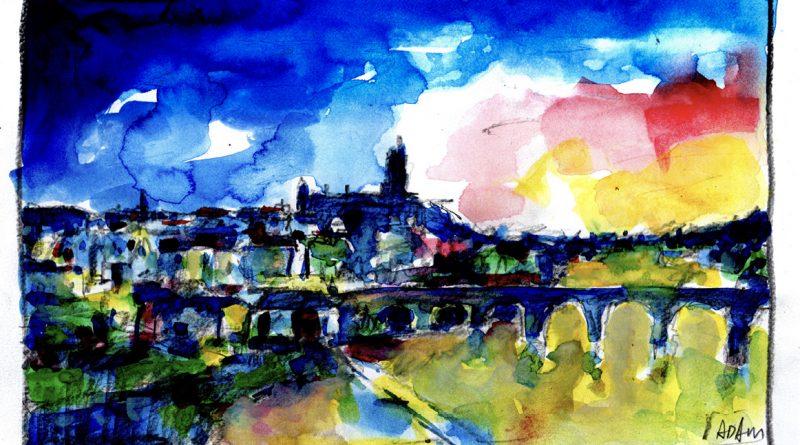 Aquarelle. Village de Graulhet sous un ciel sombre
