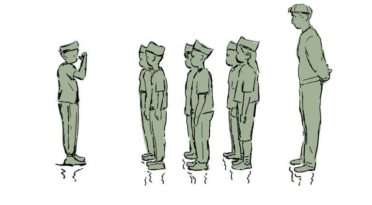 Dessin vert kaki. Enfants alignés, habillés en uniformes.