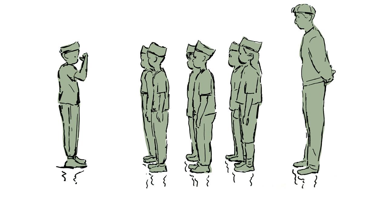 Dessin vert kaki. Enfants alignés, habillés en uniformes.