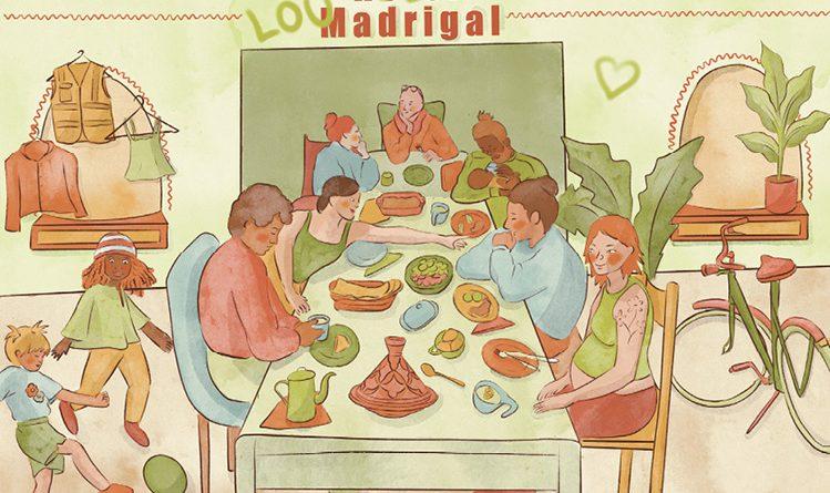 dessin naïf de personnes mangeant et jouant devant l'ex-hôtel Lou Madrigal