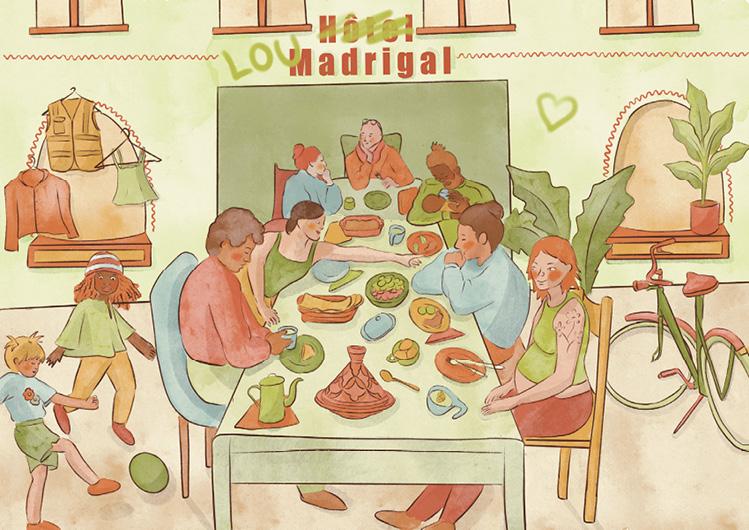 dessin naïf de personnes mangeant et jouant devant l'ex-hôtel Lou Madrigal