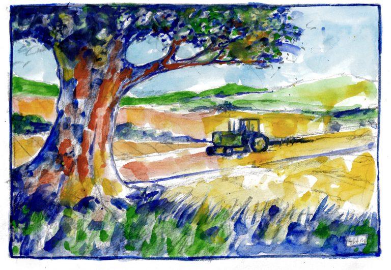 Aquaralle colorée&nbsp;: un tracteur laboure un champ dans un bbeau paysage de campagne, bel arbre au premier plan