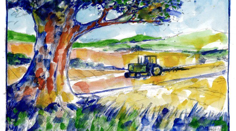 Aquaralle colorée : un tracteur laboure un champ dans un bbeau paysage de campagne, bel arbre au premier plan